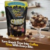 Yum Yum Candy Shop packaging with candies on a table and text promoting snack time.
